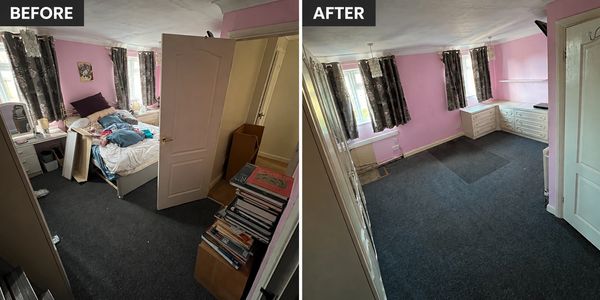 Room before and after cleaning and decluttering.