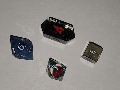 Dicemakers, Clockwise starting @12: Oak and Acorn Dice, Harvestman Dice, SmokingGlueGuns, DiceSeeds