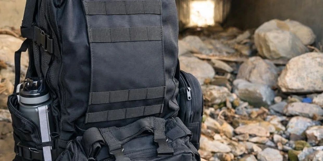 Black tactical backpack with water bottle in rocky outdoor setting.