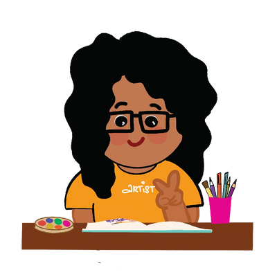 Cartoon artist with curly hair making a peace sign while painting.
