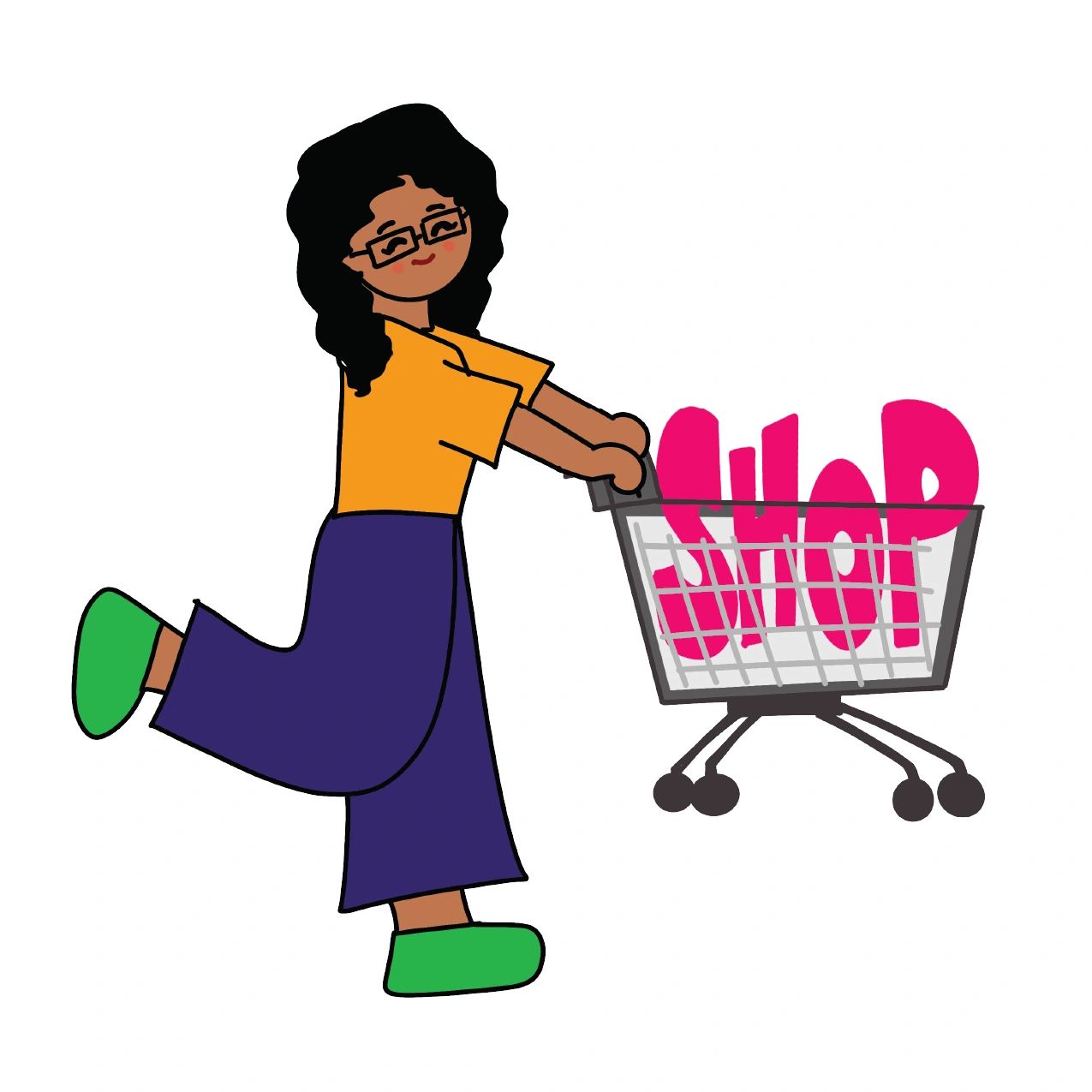 Happy woman pushing a shopping cart with the word SHOP inside.