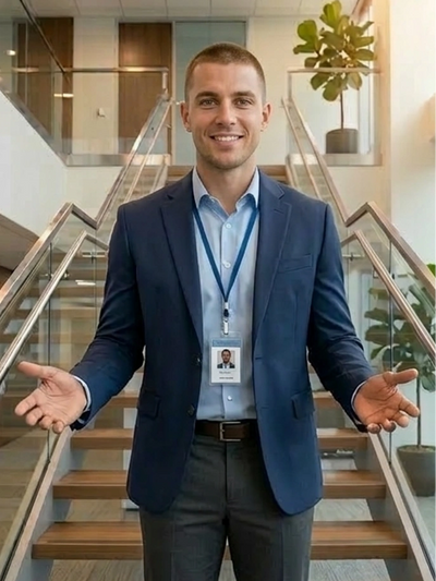 Smiling businessman with open arms standing in front of stairs in an office.