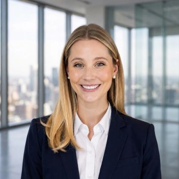 Smiling businesswoman in office with city view.