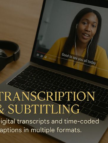 A laptop showing a video with subtitles and transcription text overlay.