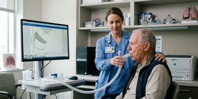 Respiratory therapist assisting elderly man with pulmonary function test in clinic.