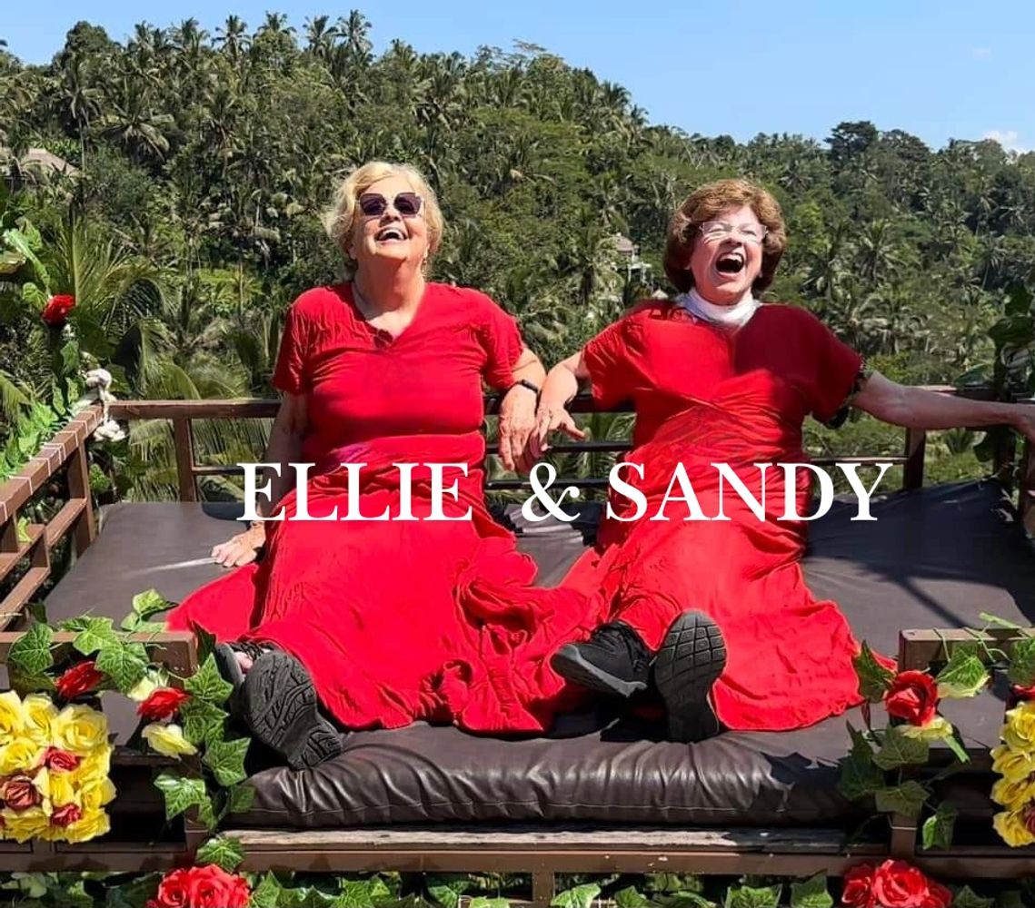 Ellie and Sandy on a swing in Bali - wearing  pretty red dresses.