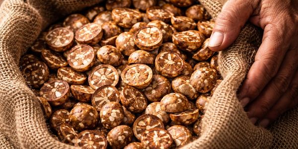 A burlap sack filled with dried betel nuts held by a hand.