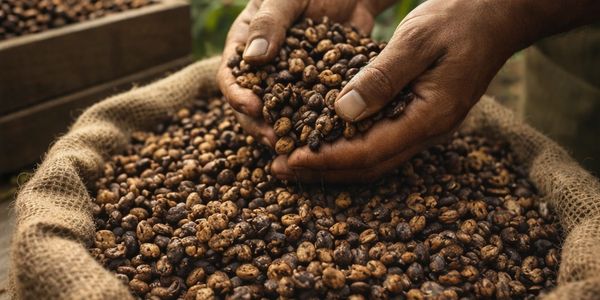 Hands holding freshly harvested coffee beans over a burlap sack.
