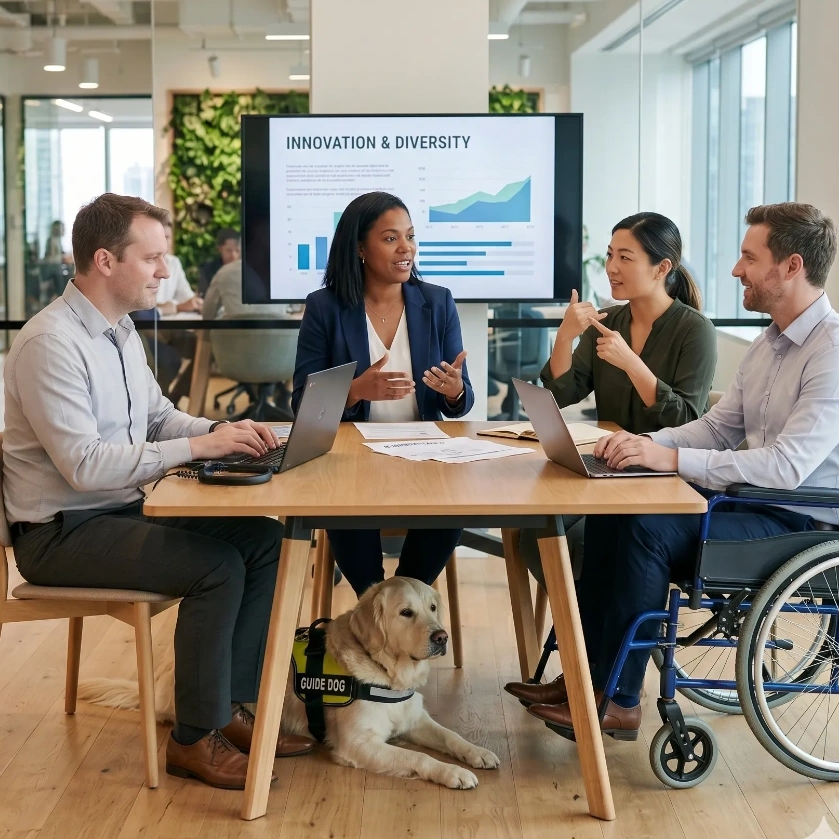 Diverse team collaborating in a modern office with a guide dog and wheelchair.