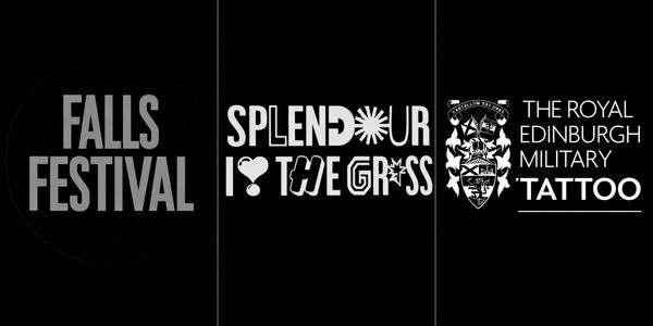 Logos of Falls Festival, Splendour in the Grass, and The Royal Edinburgh Military Tattoo.