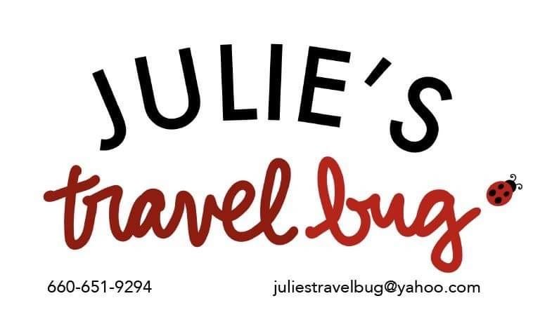 Logo for Julie's Travel Bug with contact info and a ladybug graphic.