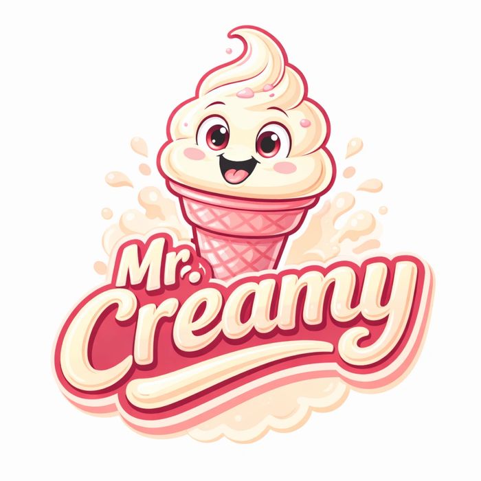 Cute ice cream cone mascot with smiling face and "Mr. Creamy" text logo.