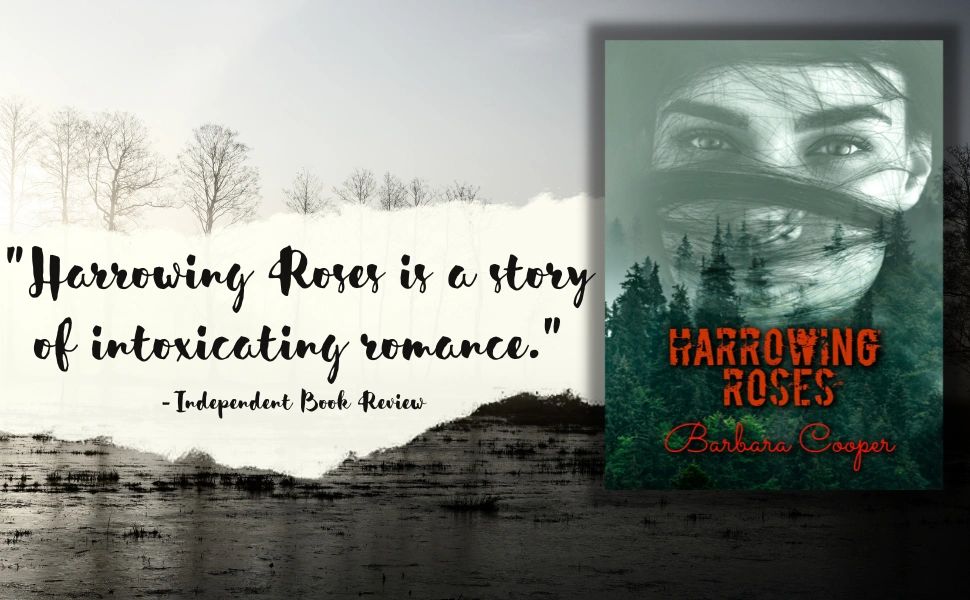 Book cover of Harrowing Roses with a review quote.