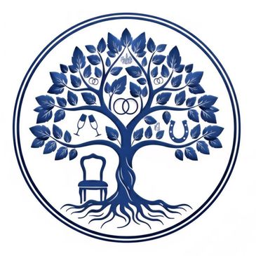 Blue stylized tree with symbols of marriage and celebration.