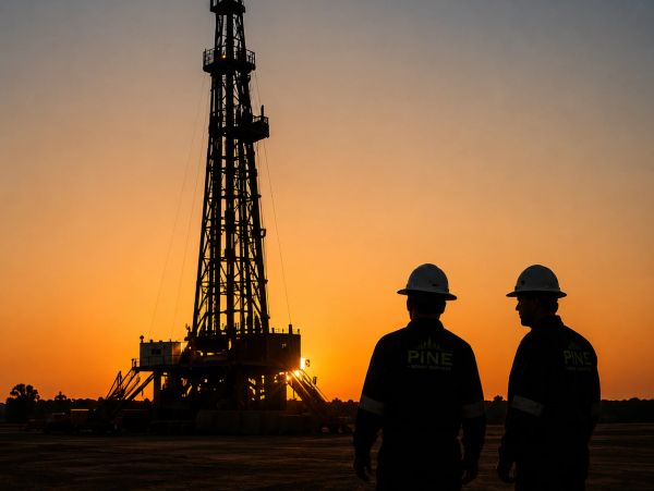 Silhouettes of two workers near an oil rig at sunset.