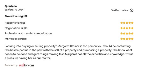 Positive 5-star review praising Margaret Steiner's real estate expertise and professionalism.