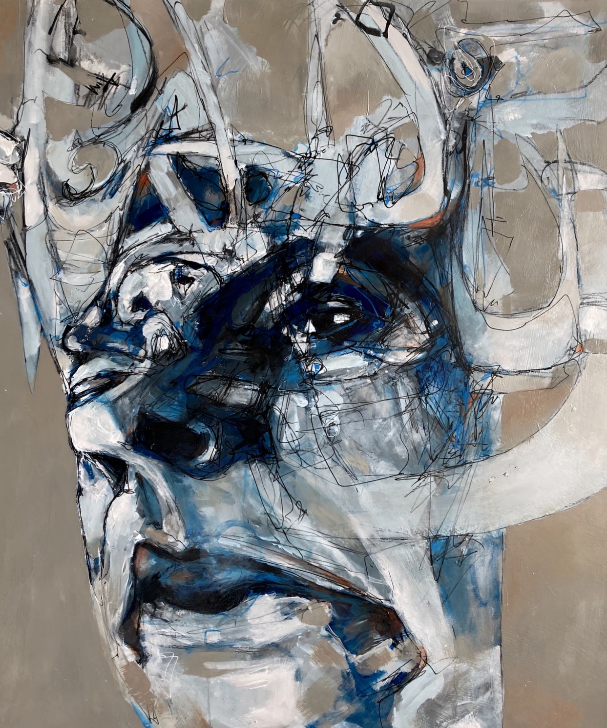 Abstract portrait with blue and beige tones, featuring expressive black lines.