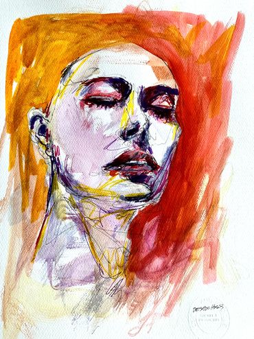 Abstract watercolor portrait of a serene woman with closed eyes and vibrant colors.