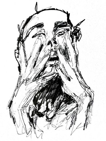 Expressive black ink sketch of a person touching their face.