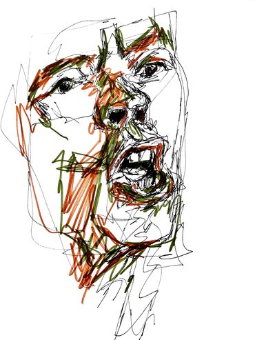 Abstract sketch of a distressed face using bold lines and colors.