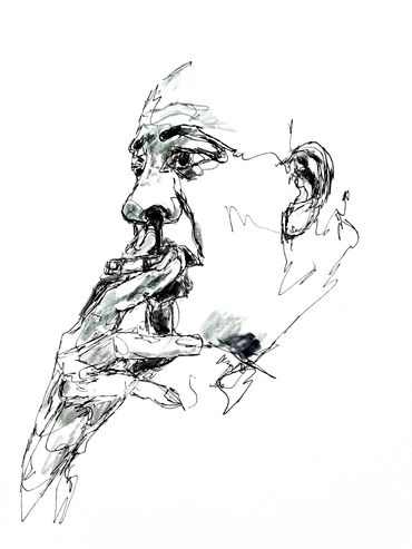 Abstract sketch of a person deep in thought, hand near mouth.