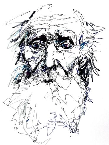 Abstract sketch of an elderly man's face with expressive eyes and a beard.