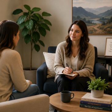 Two women engaged in a counseling session in a cozy room.