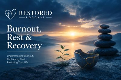 Podcast cover about burnout, rest, and recovery with serene nature imagery.
