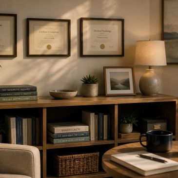 Cozy study corner with certificates, books, and warm lighting.