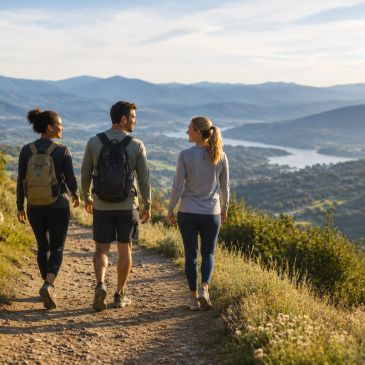 Three friends hiking on a trail overlooking a scenic lake and mountains.