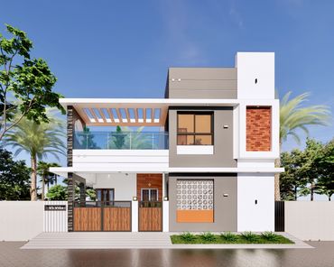 Modern two-story villa with clean lines and mixed materials under a clear blue sky.