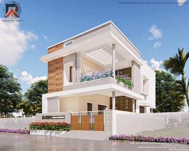 Modern two-story house with wood and stone accents, featuring a balcony garden and sleek design.