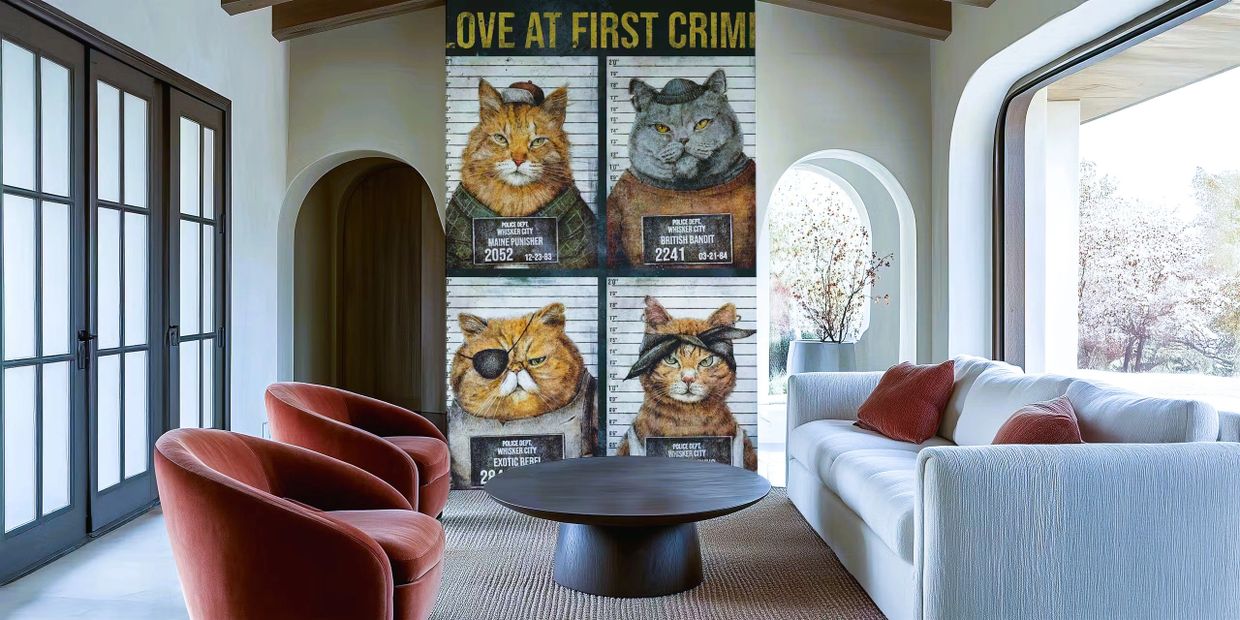 Modern living room with cat-themed mugshot art and stylish furniture.