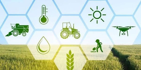 Agricultural icons over a field depicting modern farming and technology.