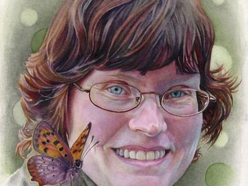 Watercolor custom memorial portrait with a butterfly. Cancer memorial