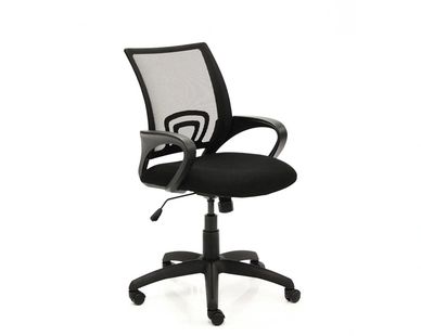 Black ergonomic office chair with mesh back and adjustable height.