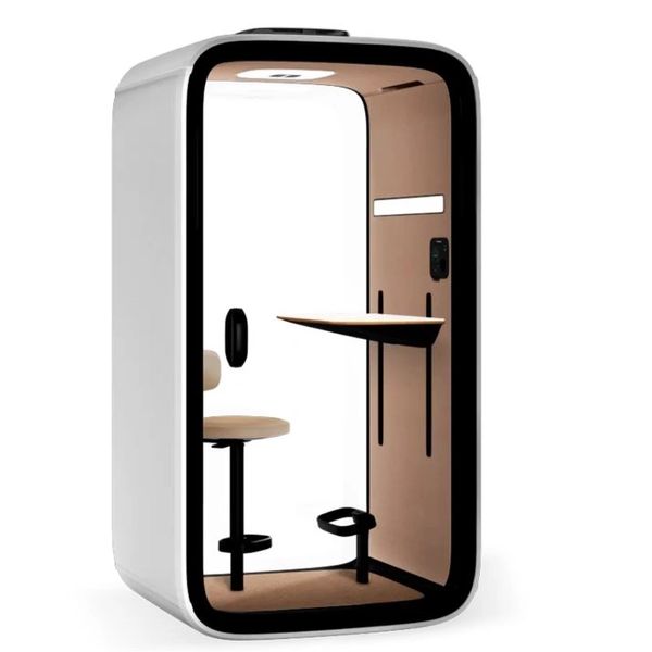 Sleek modern office pod with chair, desk, and lighting for private work.