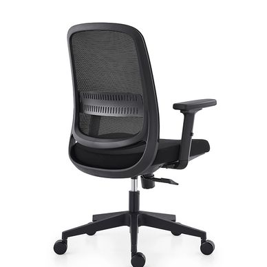Black ergonomic office chair with mesh back and adjustable armrest.