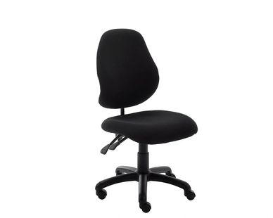 Black ergonomic office chair with adjustable features and caster wheels.