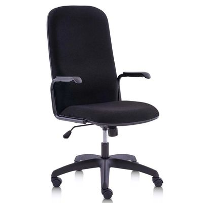 Black ergonomic office chair with wheels and armrests.