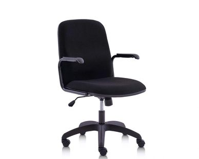 Black ergonomic office chair with wheels and armrests.