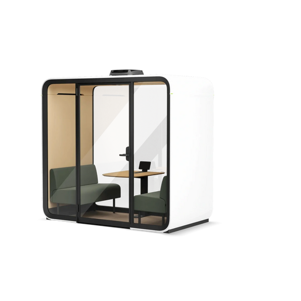 Modern soundproof office pod with glass doors and comfortable seating.