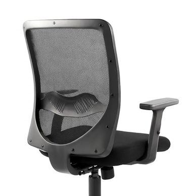 Black ergonomic office chair with mesh back and adjustable armrests.
