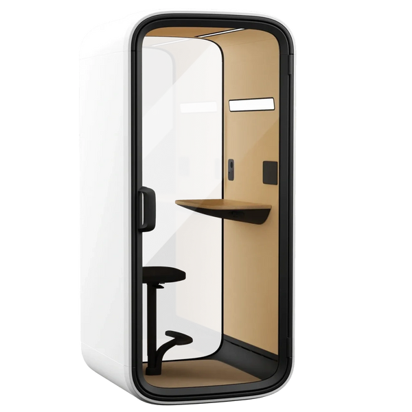 Compact modern office pod with a stool and foldable desk inside.