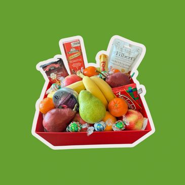 Gift basket with fruits and snacks.