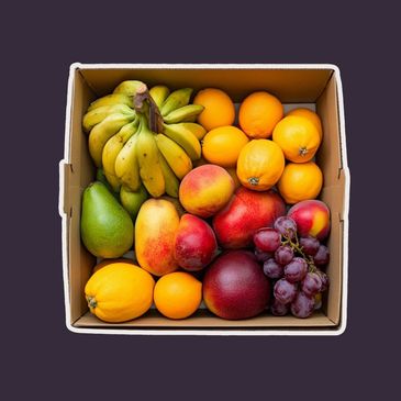 Box filled with assorted fresh fruits.