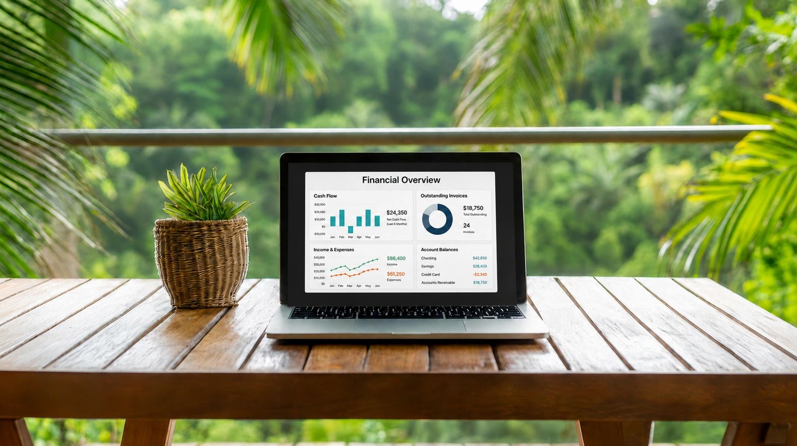 Laptop displaying a financial overview dashboard on a wooden desk surrounded by tropical greenery.