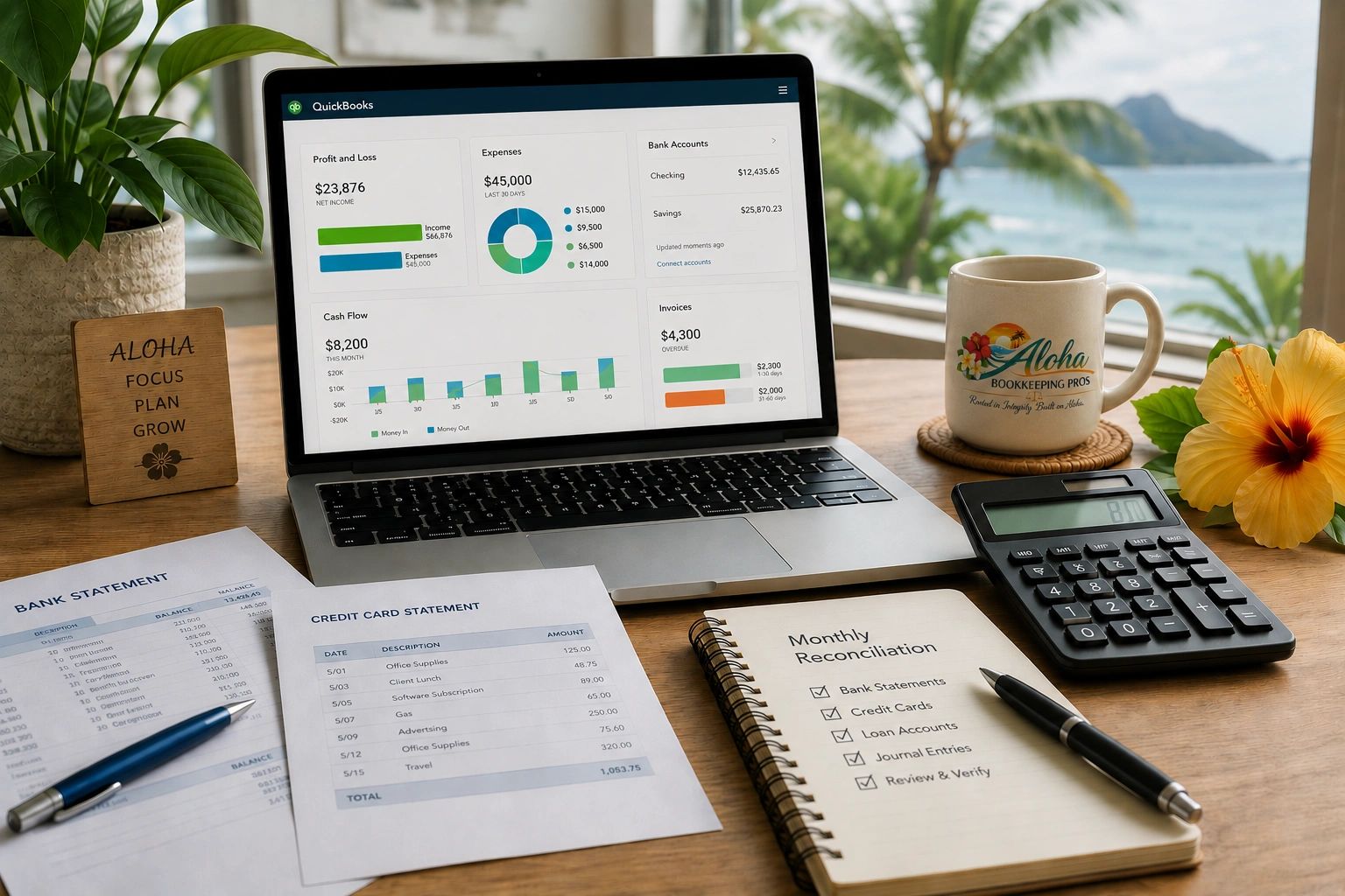 A workspace with financial documents, laptop displaying QuickBooks, calculator, and a tropical setting.