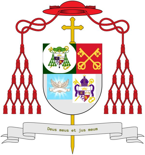 Coat of arms with religious symbols and Latin motto.