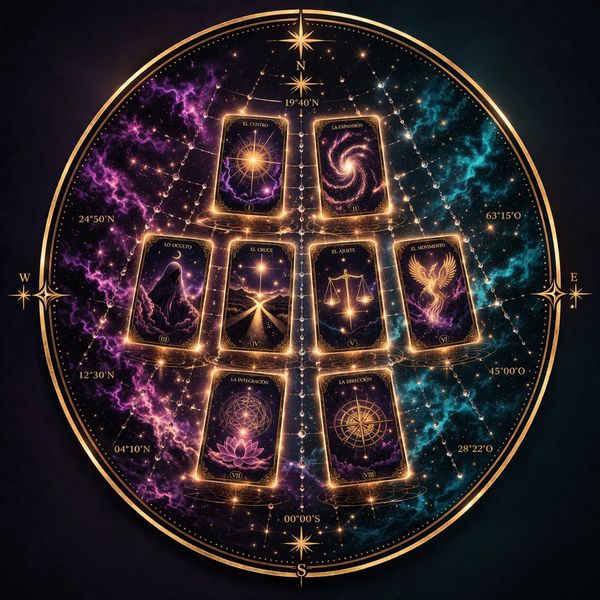 Mystical tarot cards arranged in a cosmic celestial compass design.
